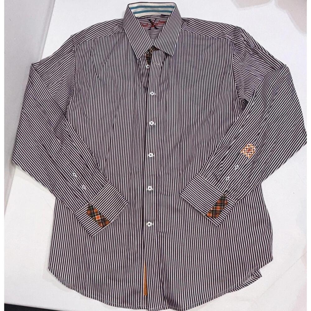 Robert Graham Men's‎ Embroidered Flip Cuff 100% Cotton Blue Stripe Shirt XL